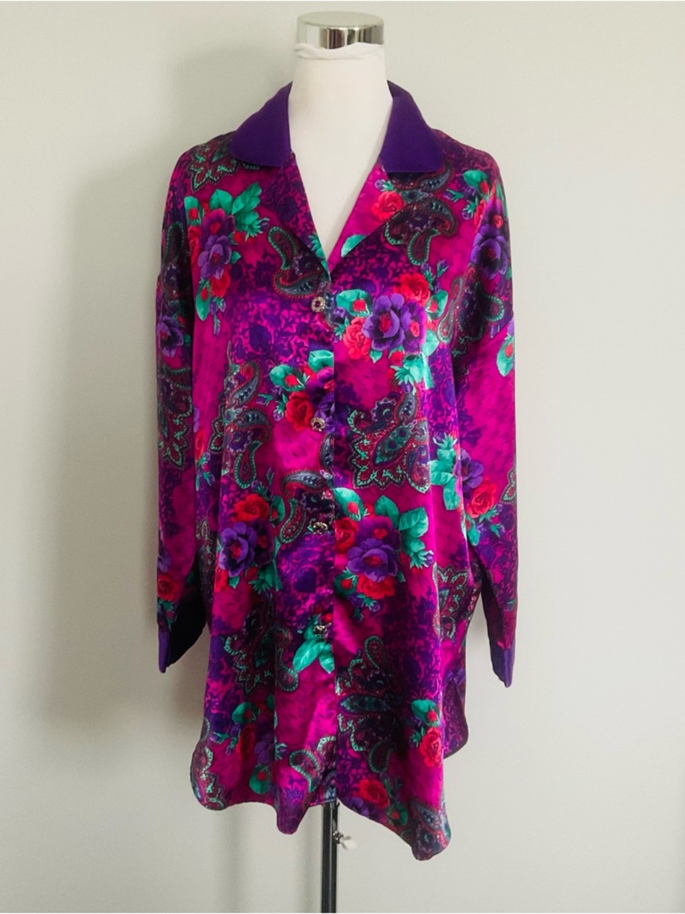 Victoria Secret Floral Multi Colored Night Shirt Long Sleeve Collared M/L-VTG